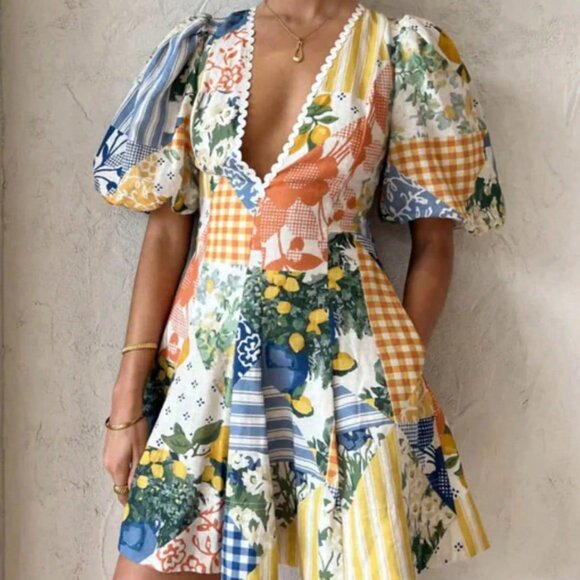 Dresses & Skirts - Multicolor Boho Women's Lemon Color Patchwork Wavy Print Mni Dress